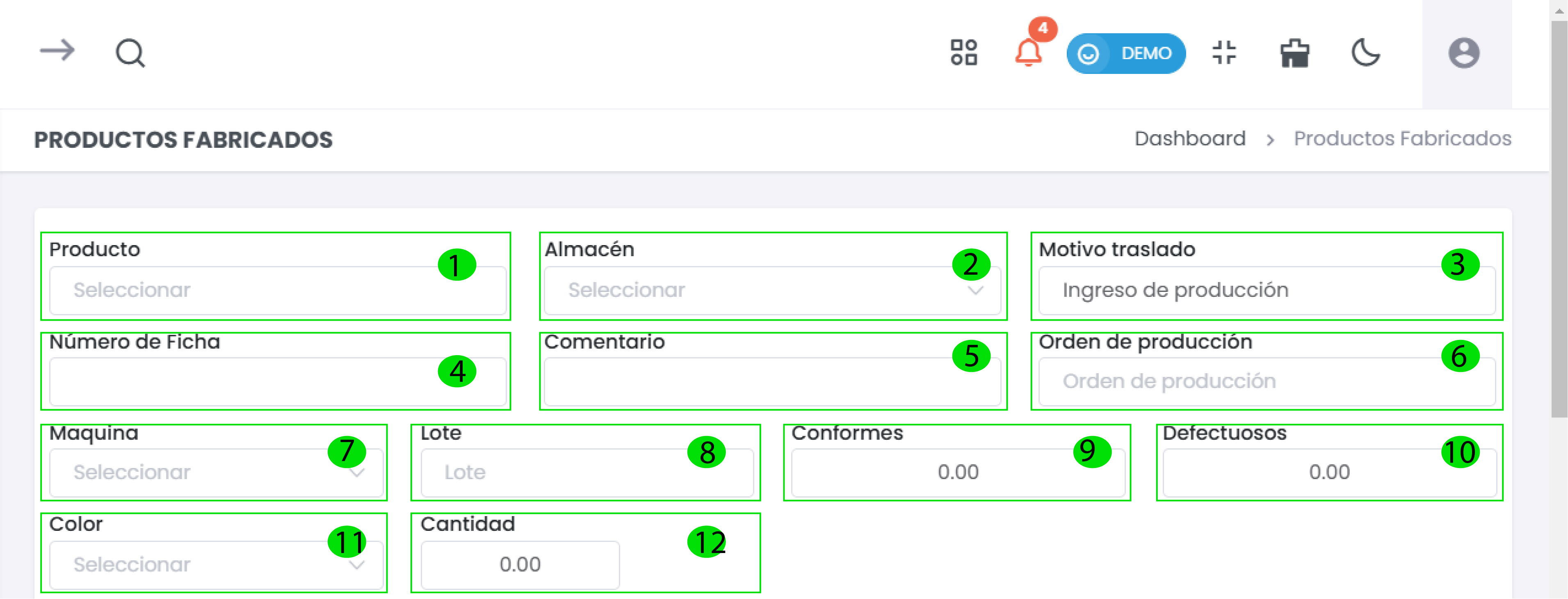 Formulario de Productos Fabricados
