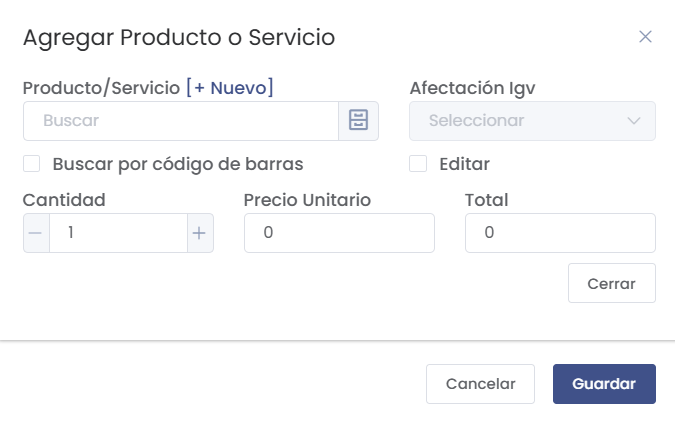 Formulario Agregar Producto o Servicio