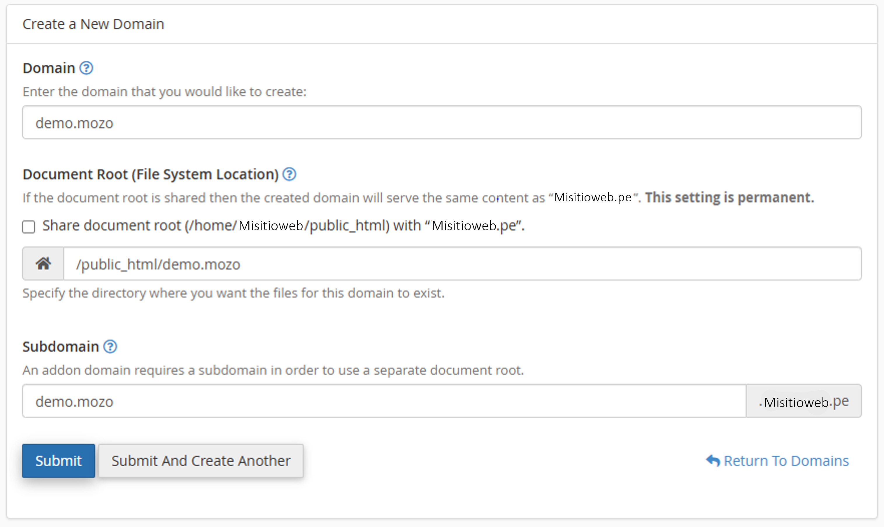 Interfaz de creación de dominio