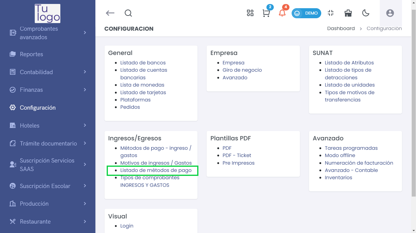 Listado de Métodos de Pago