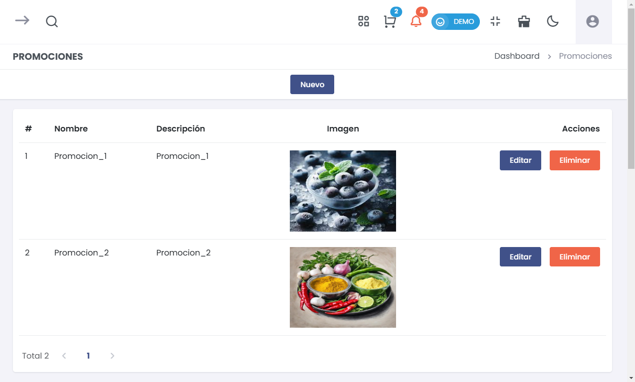 Listado de Productos de Restaurante