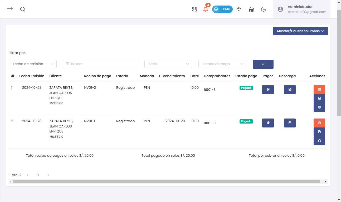 Listado de Recibos de Pago