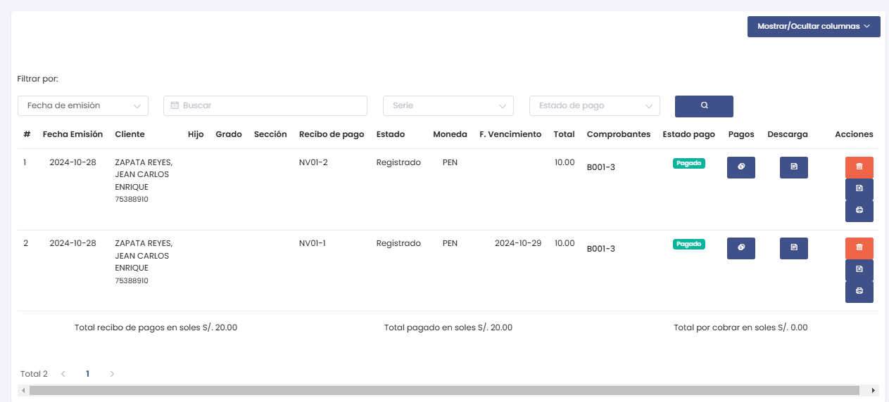 Listado de Recibos de Pago