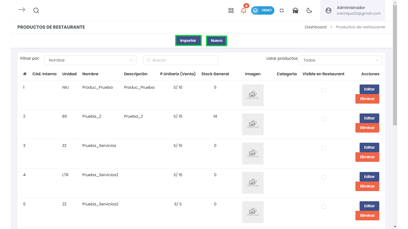 Nuevo o Importar Producto