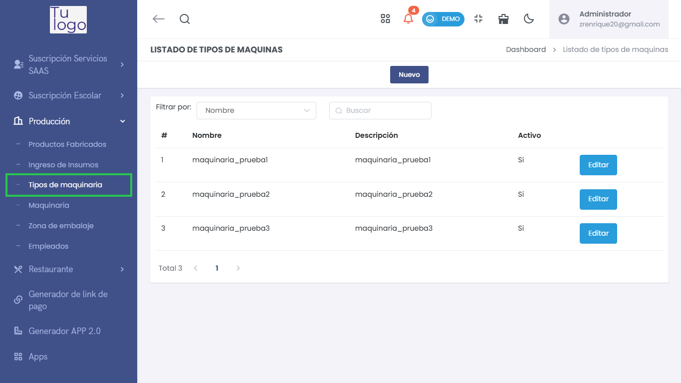 Acceso a Tipos de Maquinaria
