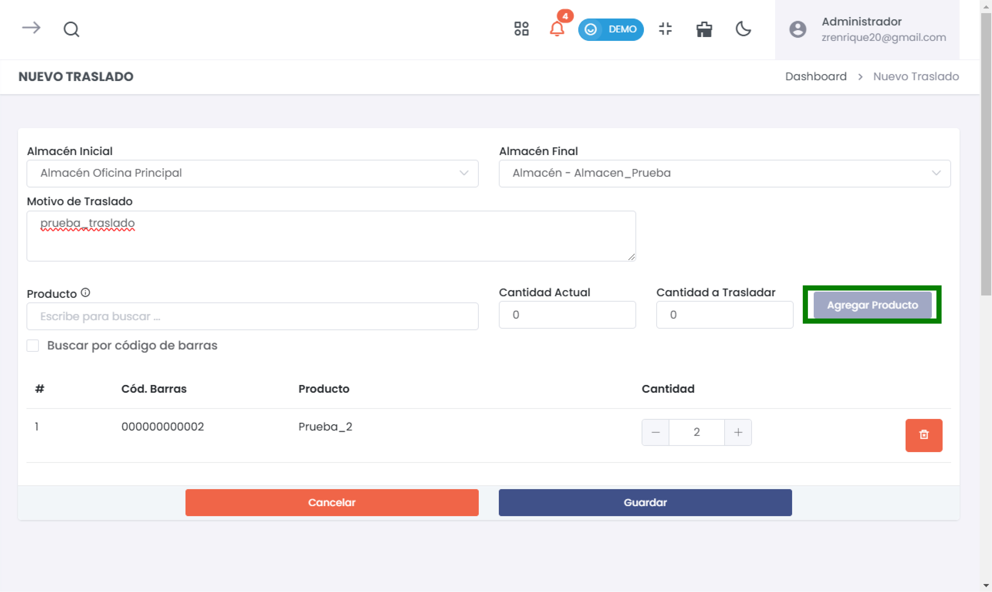 Agregar productos al traslado