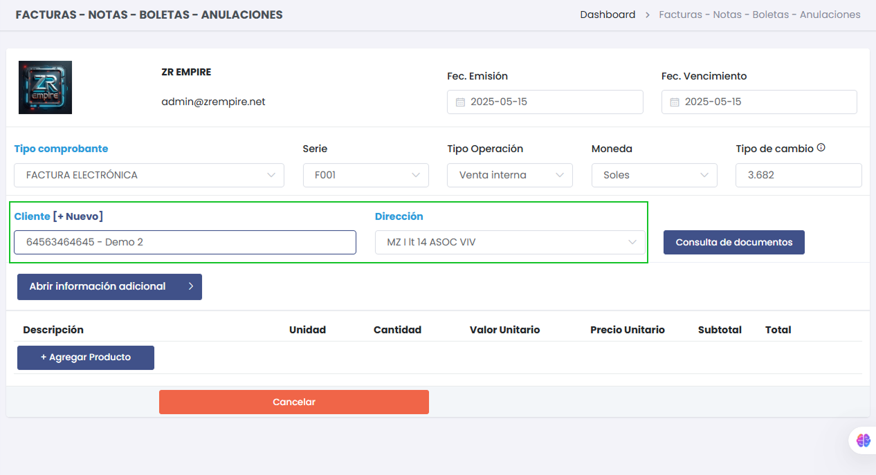 Cliente Seleccionado