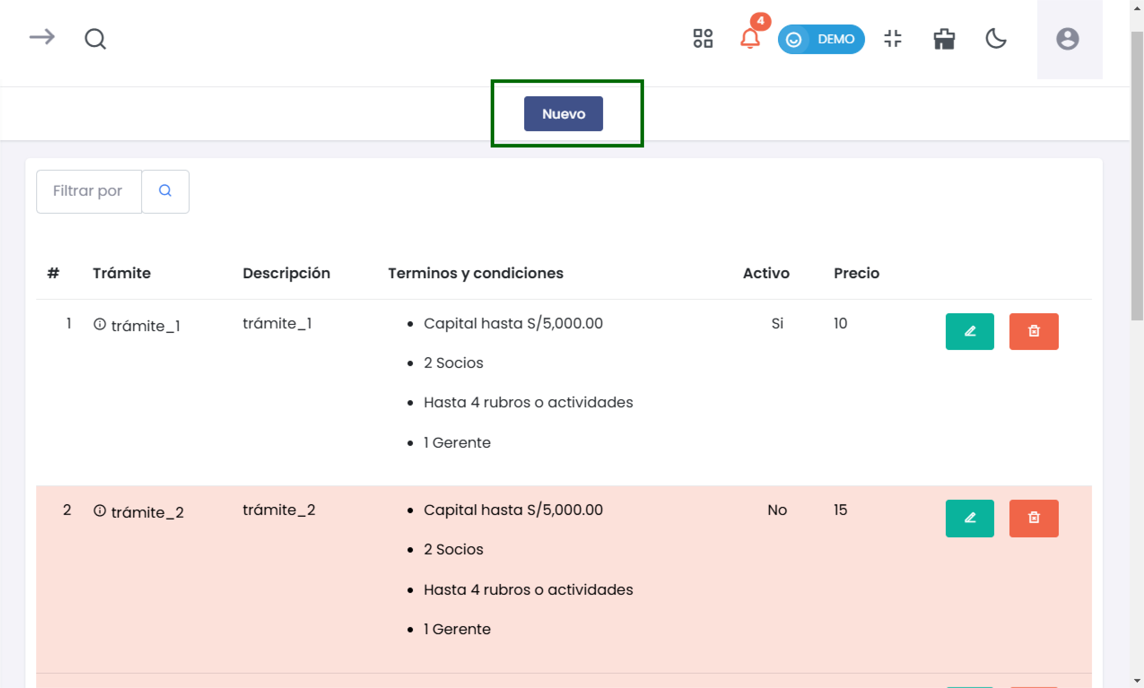Botón Nuevo Trámite