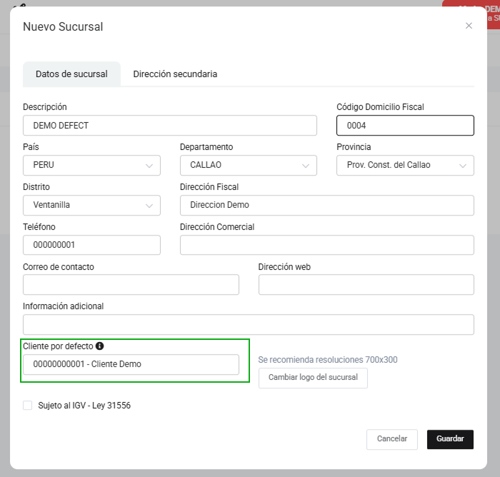 Modal de Nueva Sucursal