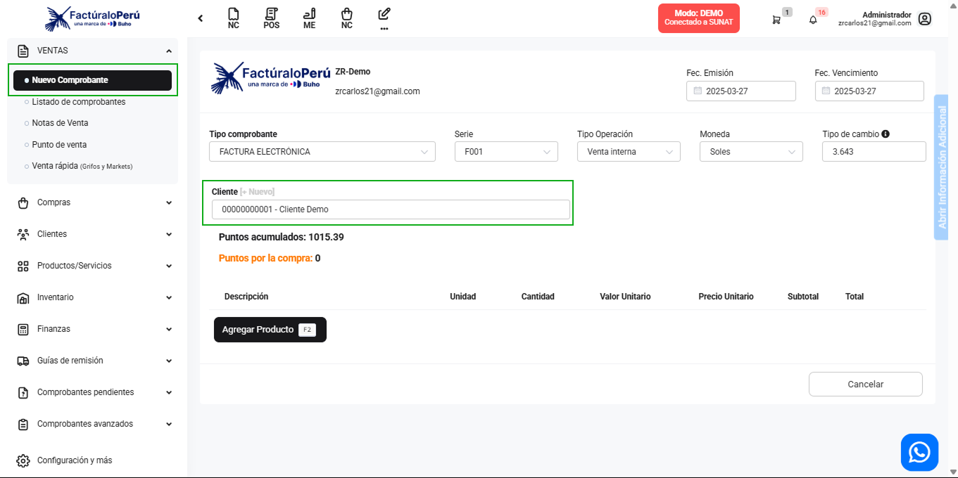 Cliente cargado por defecto en Nuevo Comprobante
