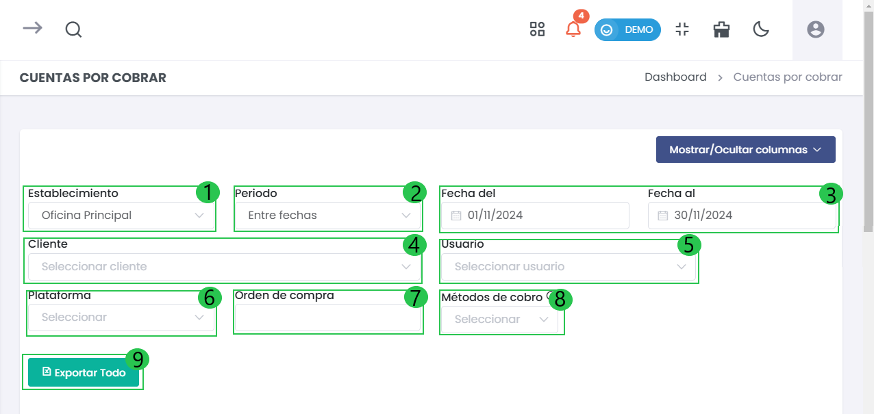 Filtros de Cuentas por Cobrar