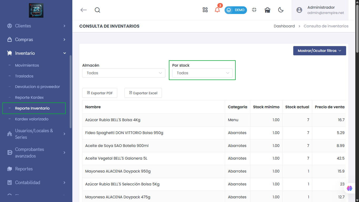 Filtro de Stock de Reporte de Inventarios