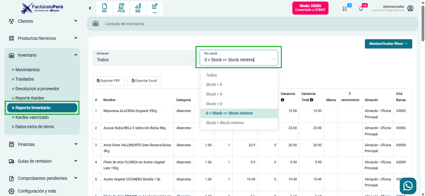 Filtros de inventario