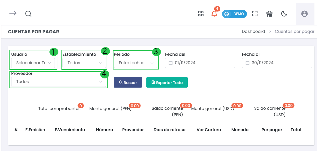 Filtros de Cuentas por Pagar