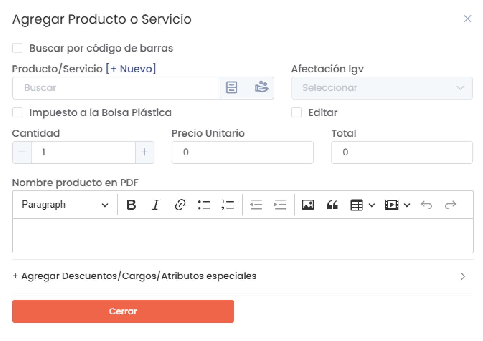 Formulario Agregar Producto