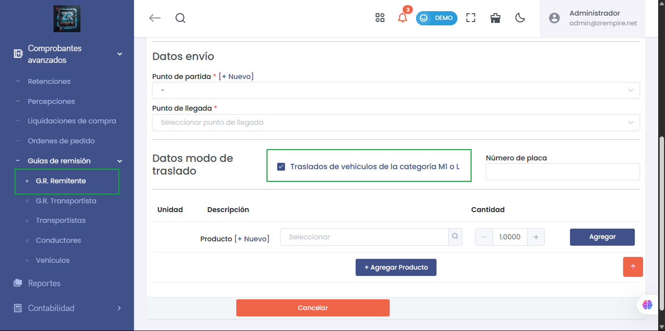 GRE Remitente Vehículos M1-L