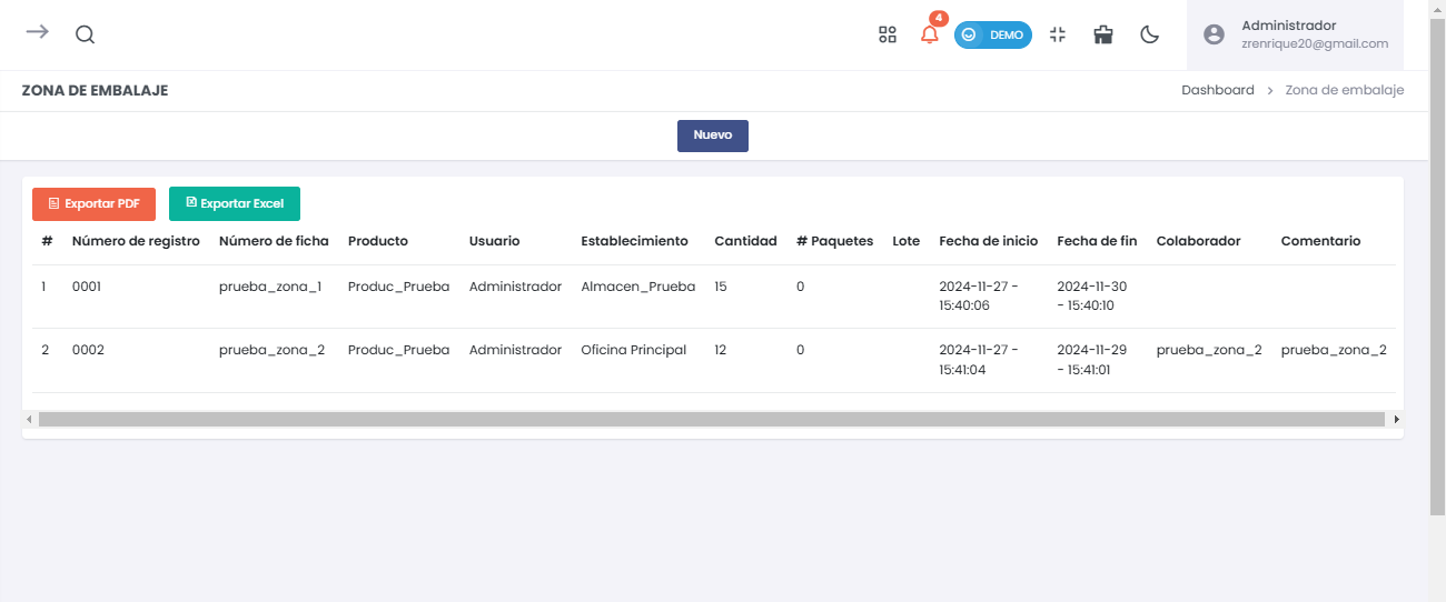 Listado de Embalajes