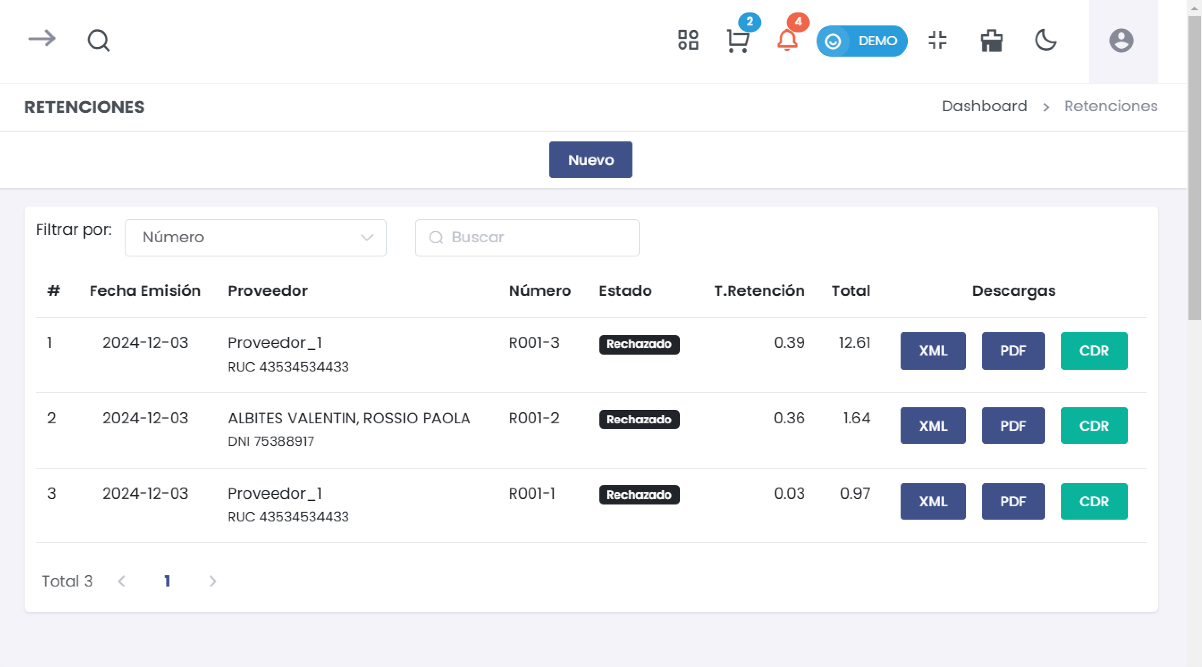 Listado de Retenciones