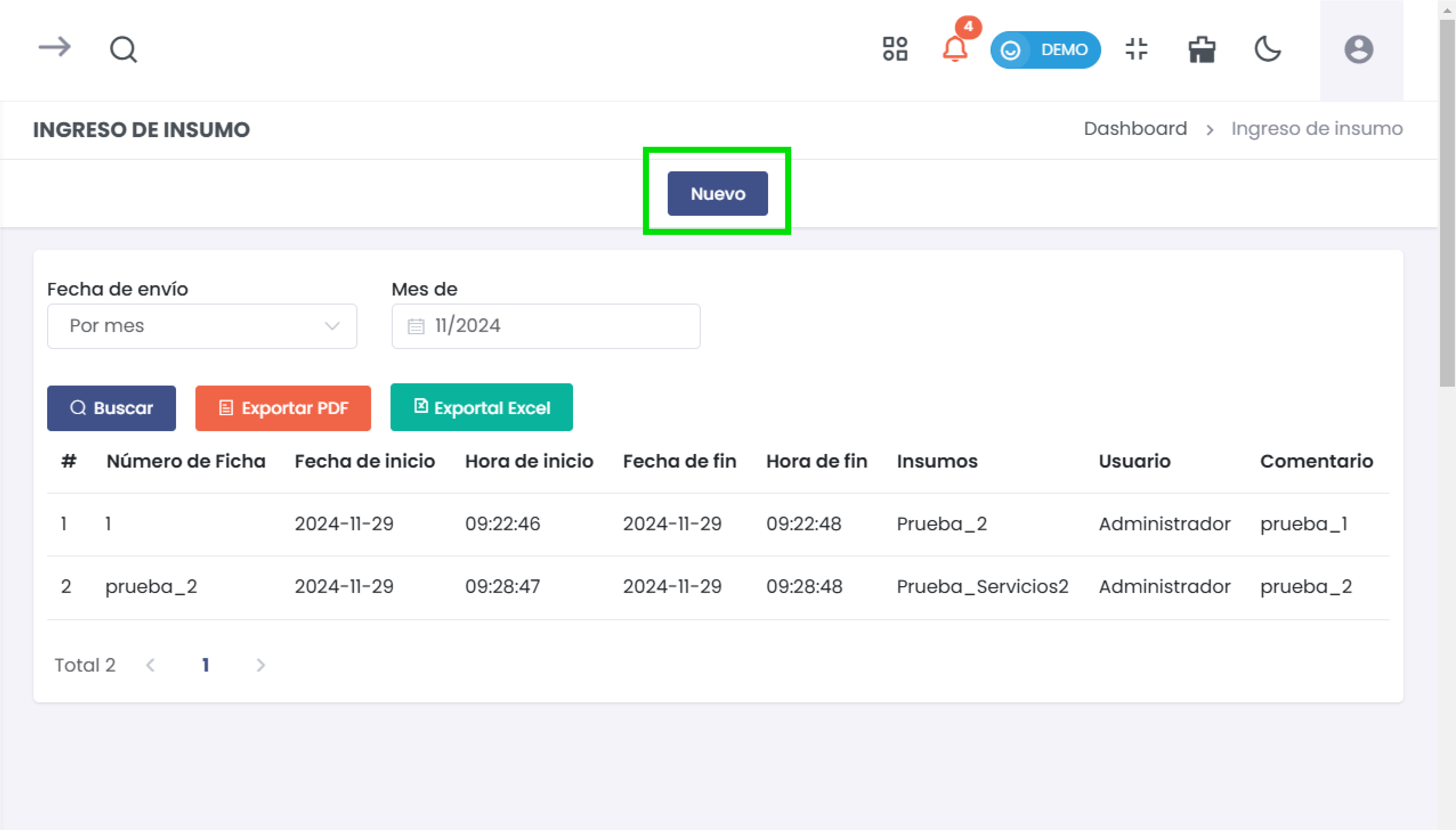 Nuevo Ingreso de Insumo