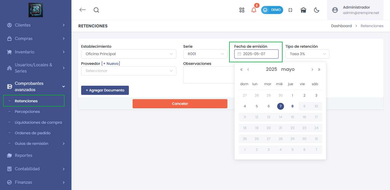 Seleccionar Fecha en Comprobante de Retencion