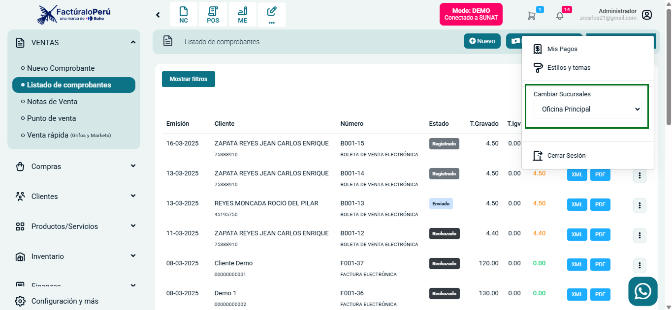 Selector de sucursal