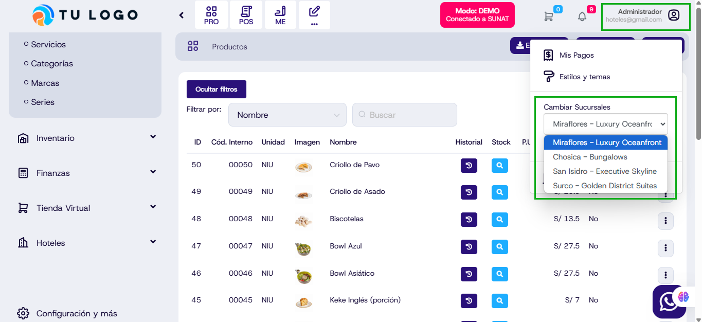 Selector de sucursales